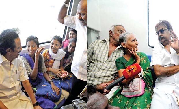 DMK treasurer M.K. Stalin along with former Chennai Mayor Ma. Subramaniam travelling in a metro train on Wednesday. DMDK chief Vijayakanth travels in the metro rail and interacts with commuters on Wednesday (Photo: DC) DMK treasurer M.K. Stalin along with former Chennai Mayor Ma. Subramaniam travelling in a metro train on Wednesday. DMDK chief Vijayakanth travels in the metro rail and interacts with commuters on Wednesday (Photo: DC)